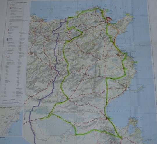 Térképünk Tunéziáról, zölddel berajzolva rajta a megtett út
