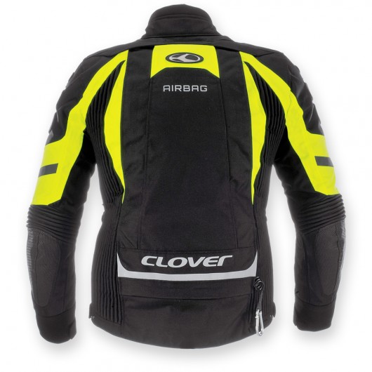 A Clover Crossover Airbag elő ránézésre egy láthatósági betétekkel jól ellátott sima motoros dzseki