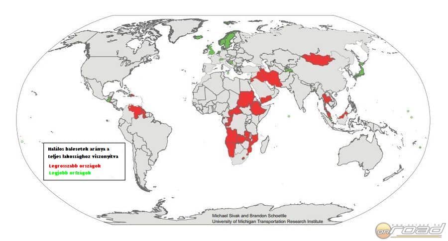 A teljes lakossághoz viszonyítva a piros országokban a legnagyobb, a zöldekben pedig a legkisebb a közúti baleset esélye