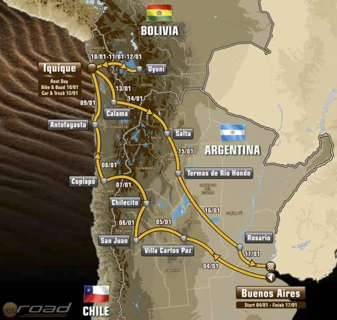 A Dakar rali 2015-ös útvonala: Argentínából rajtolnak, majd Chilén és Bolívián keresztül Buenos Airesbe érnek vissza