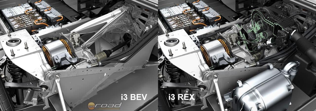 Balra a BMW i3 alapváltozatának motortere, jobbra pedig ugyanaz hatótáv-növelő belsőégésű motorral
